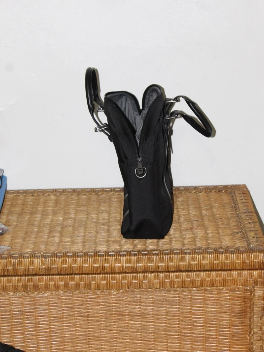 Stuart & Lau Cary briefcase in black with full-grain leather accents. Open Box